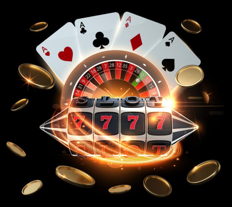 Modern Golden, White And Red Casino Concept With Coins And Futuristic Neon Lights On Black D Illustration